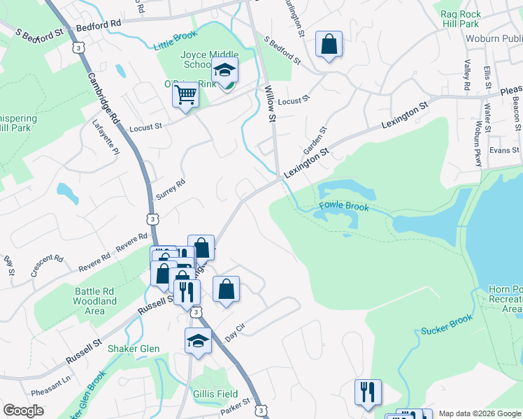 map of restaurants, bars, coffee shops, grocery stores, and more near 130 Lexington Street in Woburn