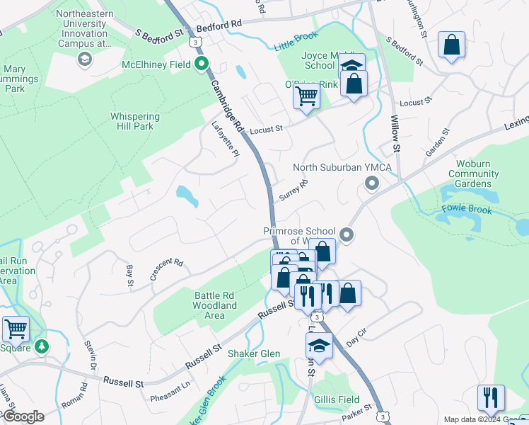 map of restaurants, bars, coffee shops, grocery stores, and more near 113 Cambridge Road in Woburn
