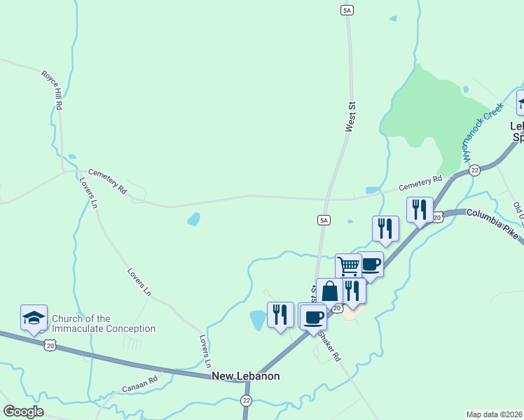 map of restaurants, bars, coffee shops, grocery stores, and more near 179-343 Cemetery Road in New Lebanon
