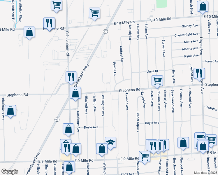 map of restaurants, bars, coffee shops, grocery stores, and more near 24215 Prairie Lane in Warren