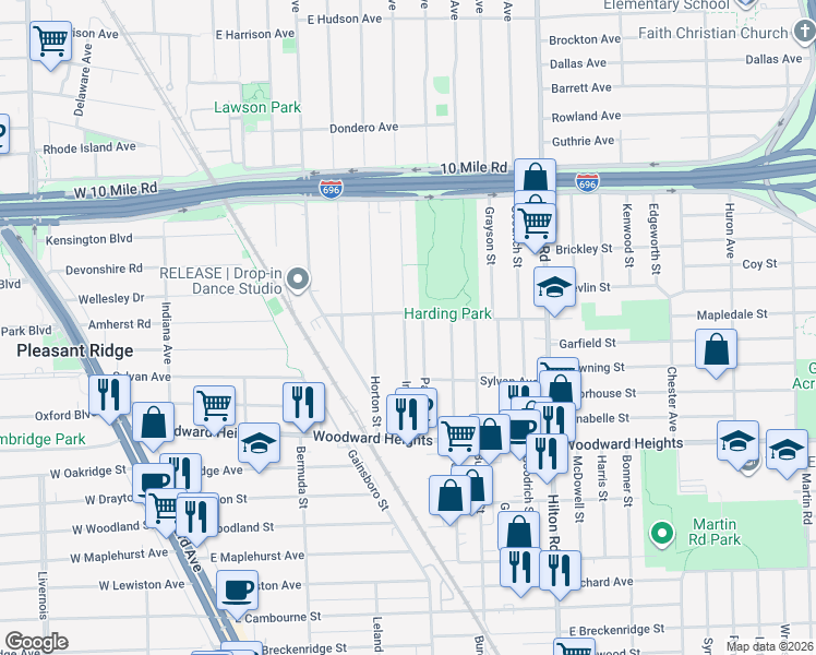 map of restaurants, bars, coffee shops, grocery stores, and more near 3112 Inman Street in Ferndale
