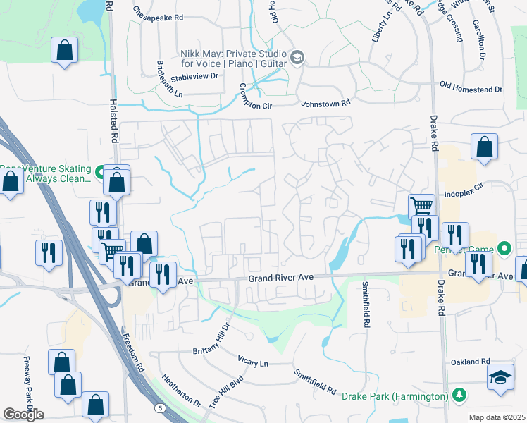 map of restaurants, bars, coffee shops, grocery stores, and more near 24507 Martel Drive in Farmington Hills