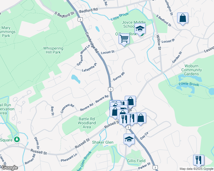map of restaurants, bars, coffee shops, grocery stores, and more near 113 Cambridge Road in Woburn