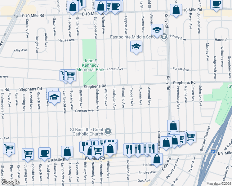 map of restaurants, bars, coffee shops, grocery stores, and more near 18046 Stephens Road in Eastpointe