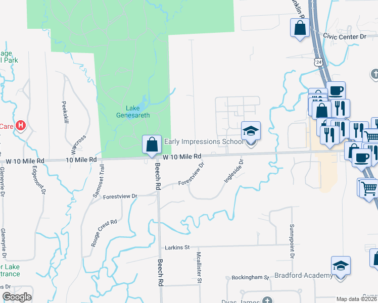 map of restaurants, bars, coffee shops, grocery stores, and more near 25131 Mcallister Street in Southfield