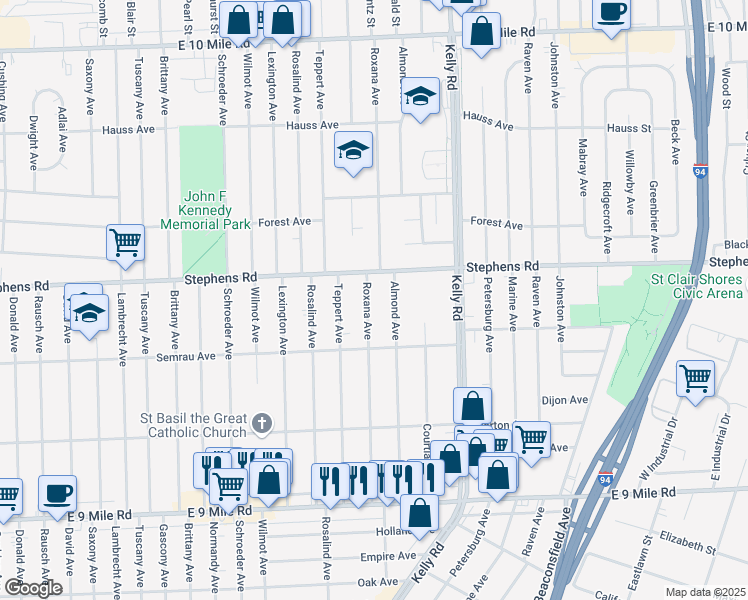 map of restaurants, bars, coffee shops, grocery stores, and more near 23810 Roxana Avenue in Eastpointe