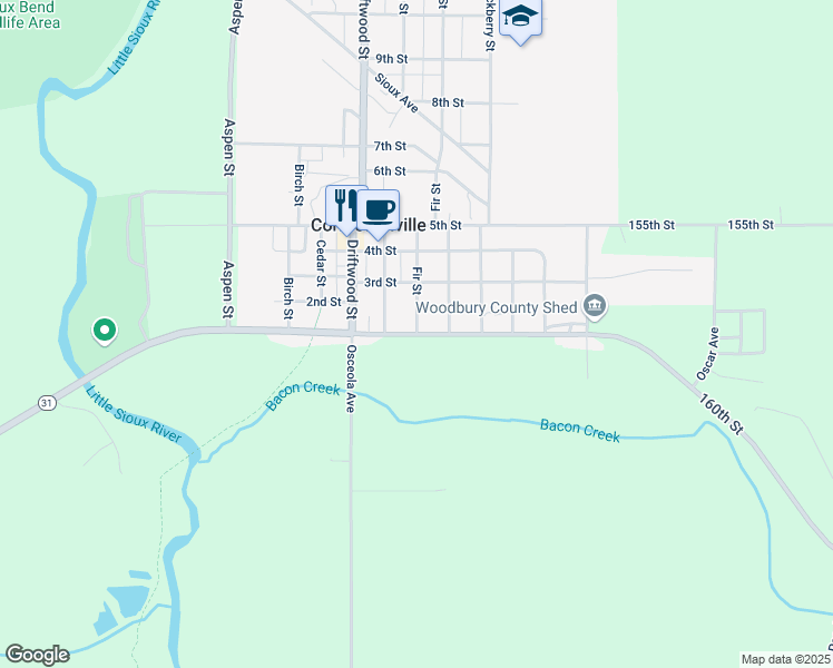 map of restaurants, bars, coffee shops, grocery stores, and more near 101 Fir Street in Correctionville