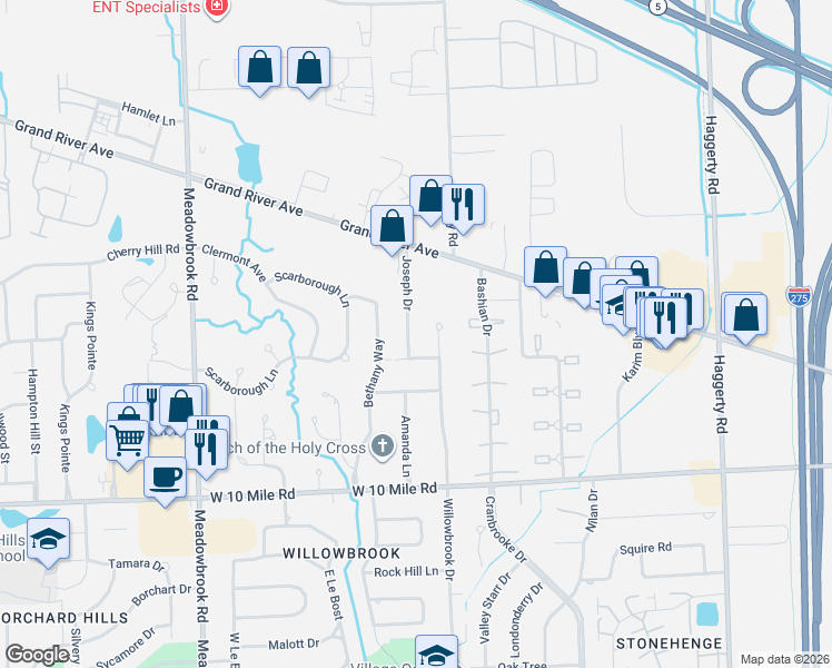 map of restaurants, bars, coffee shops, grocery stores, and more near 24829 Willowbrook Drive in Novi