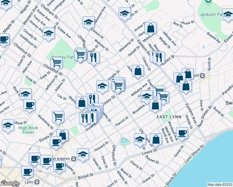 map of restaurants, bars, coffee shops, grocery stores, and more near 189 Chatham Street in Lynn