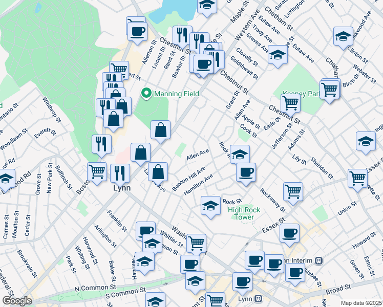 map of restaurants, bars, coffee shops, grocery stores, and more near 73 Hawthorne Street in Lynn