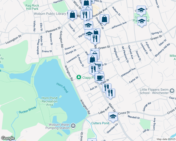 map of restaurants, bars, coffee shops, grocery stores, and more near 11 Porter Street in Woburn