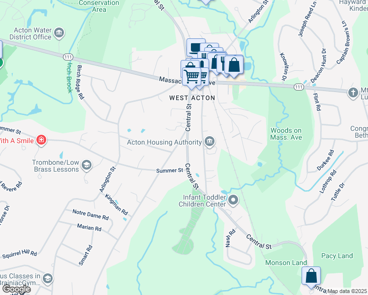map of restaurants, bars, coffee shops, grocery stores, and more near 220 Central Street in Acton