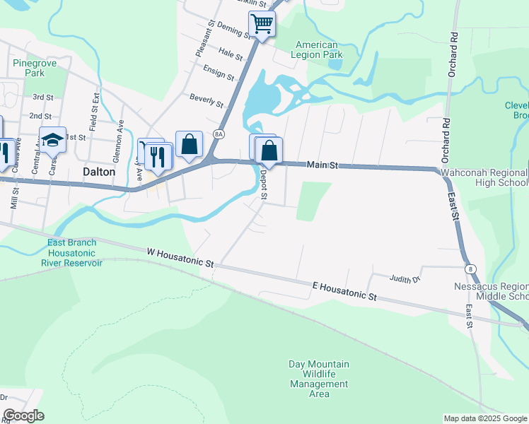 map of restaurants, bars, coffee shops, grocery stores, and more near 61-71 Depot Street in Dalton