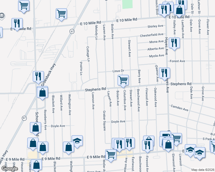 map of restaurants, bars, coffee shops, grocery stores, and more near 24232 Lauren Avenue in Warren