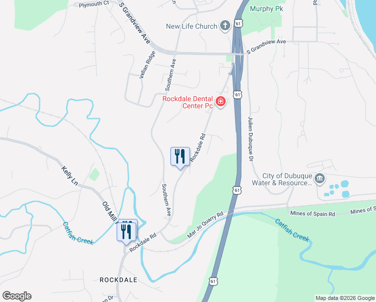 map of restaurants, bars, coffee shops, grocery stores, and more near 1225 Rockdale Road in Dubuque