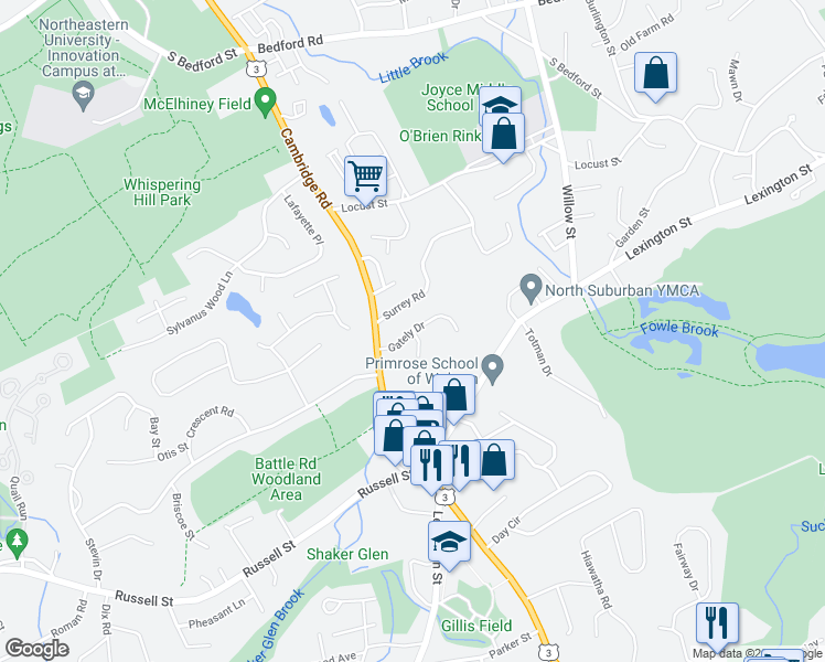 map of restaurants, bars, coffee shops, grocery stores, and more near Gately Drive in Woburn