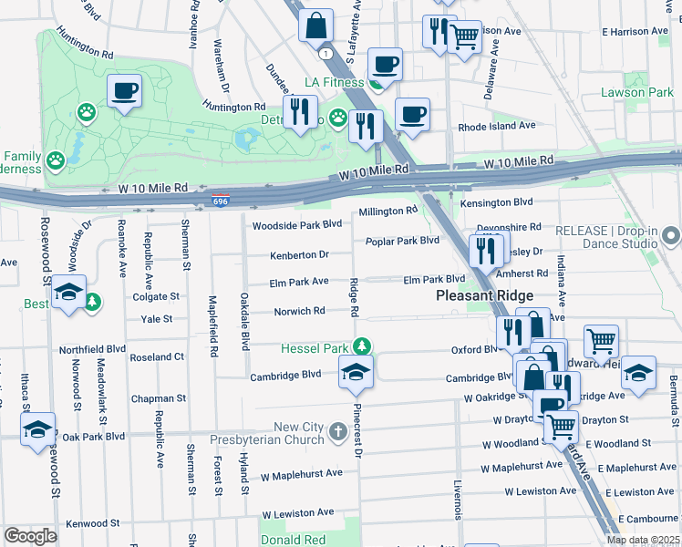 map of restaurants, bars, coffee shops, grocery stores, and more near 1 Kenberton Drive in Pleasant Ridge