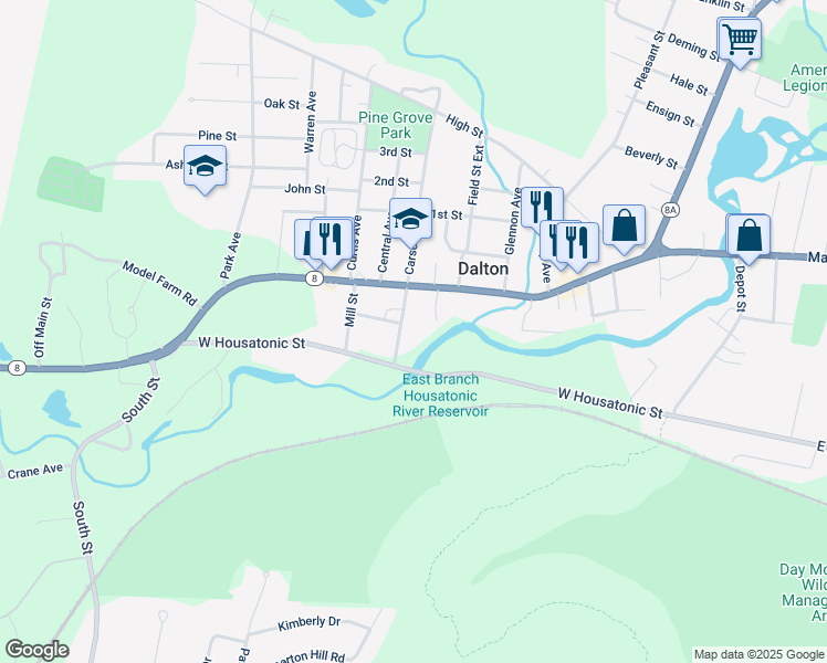map of restaurants, bars, coffee shops, grocery stores, and more near 498 Main St in Dalton