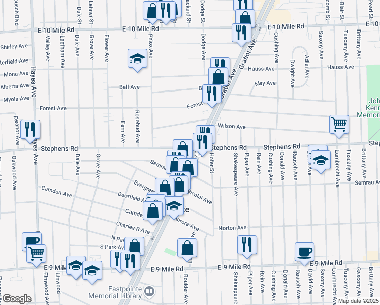 map of restaurants, bars, coffee shops, grocery stores, and more near 16131 Stephens in Eastpointe