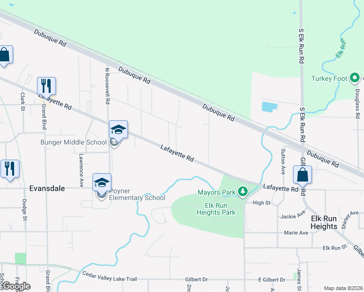 map of restaurants, bars, coffee shops, grocery stores, and more near 124 Earl Street in Evansdale