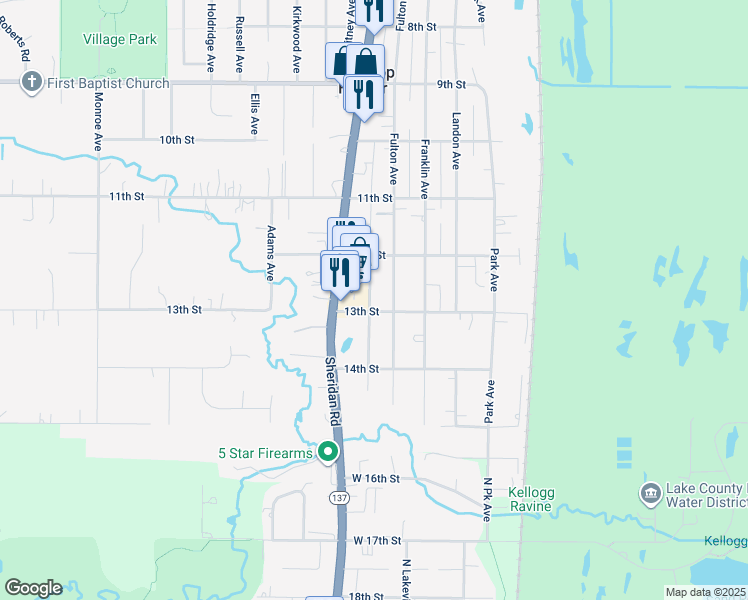 map of restaurants, bars, coffee shops, grocery stores, and more near Sheridan Road in Winthrop Harbor