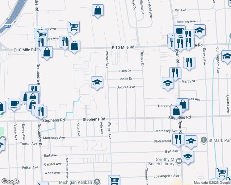 map of restaurants, bars, coffee shops, grocery stores, and more near 24310 Warner Avenue in Warren