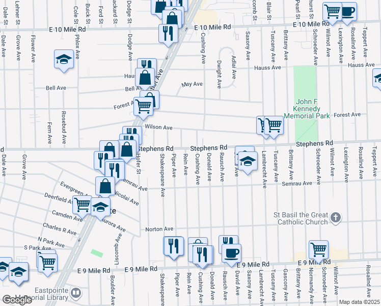 map of restaurants, bars, coffee shops, grocery stores, and more near 16932 Stephens Road in Eastpointe
