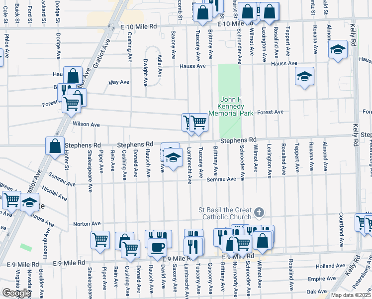 map of restaurants, bars, coffee shops, grocery stores, and more near 17523 Stephens in Eastpointe