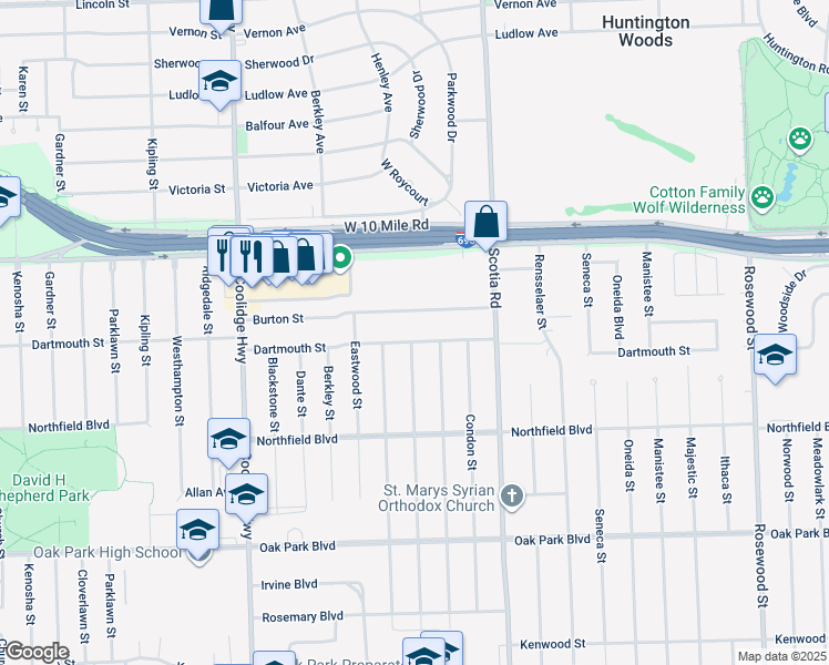 map of restaurants, bars, coffee shops, grocery stores, and more near 13041 Burton Street in Oak Park