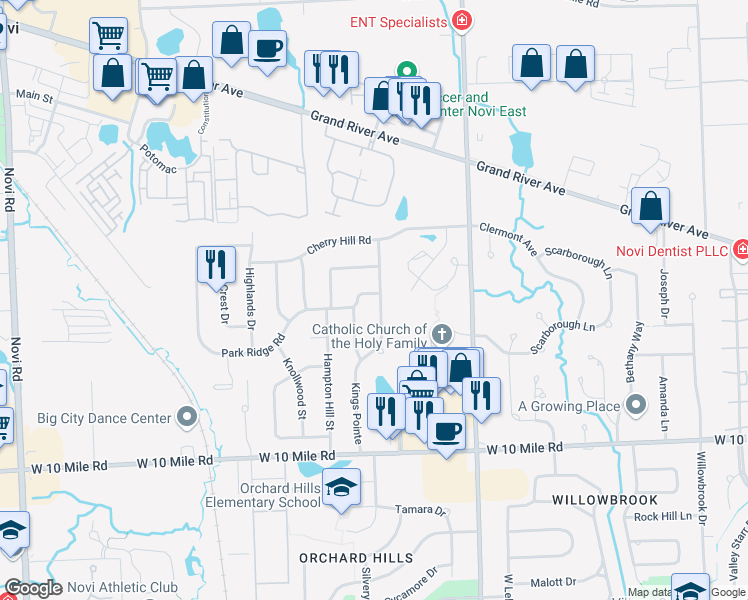 map of restaurants, bars, coffee shops, grocery stores, and more near 24587 Kings Pointe in Novi