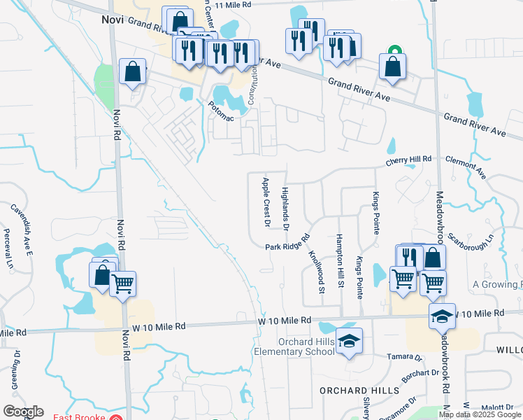 map of restaurants, bars, coffee shops, grocery stores, and more near 24814 Apple Crest Drive in Novi