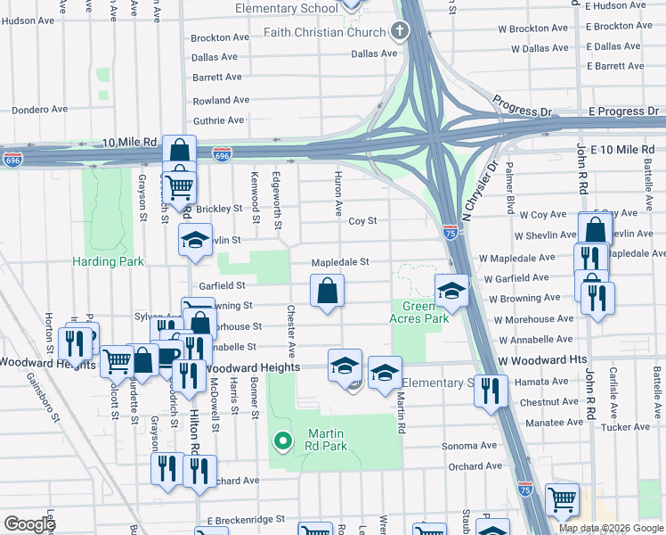 map of restaurants, bars, coffee shops, grocery stores, and more near 2174 Mapledale Street in Ferndale