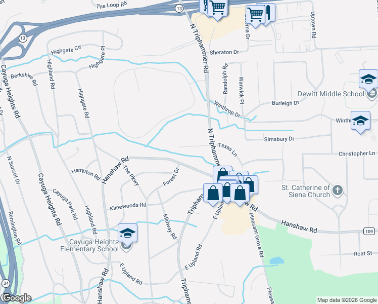 map of restaurants, bars, coffee shops, grocery stores, and more near 16 Spruce Lane in Ithaca