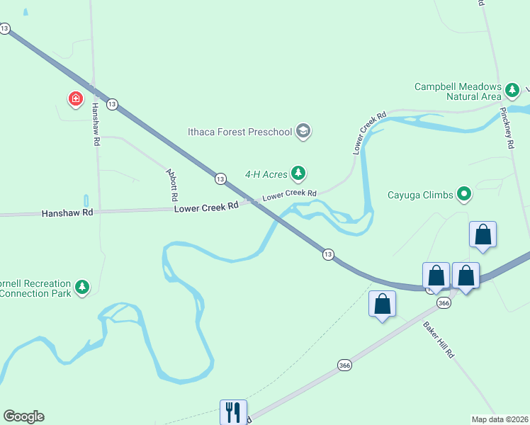 map of restaurants, bars, coffee shops, grocery stores, and more near 384 New York 13 Scenic in Ithaca