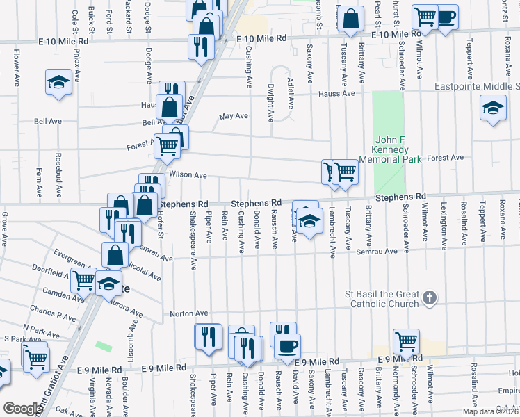map of restaurants, bars, coffee shops, grocery stores, and more near 17111 Stephens in Eastpointe