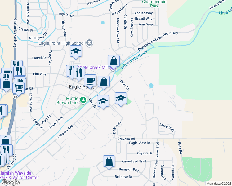 map of restaurants, bars, coffee shops, grocery stores, and more near 122 North Shasta Avenue in Eagle Point
