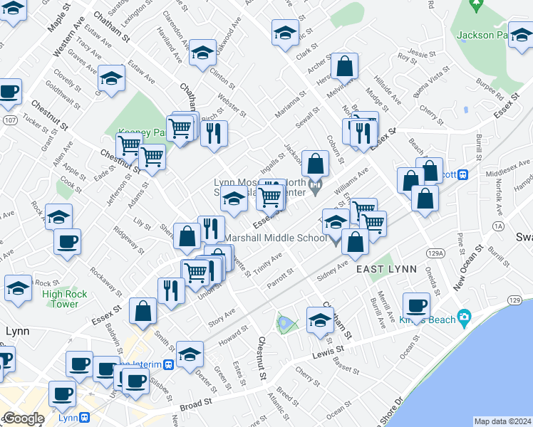 map of restaurants, bars, coffee shops, grocery stores, and more near 189 Chatham Street in Lynn