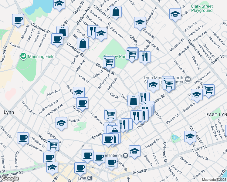 map of restaurants, bars, coffee shops, grocery stores, and more near 42 Adams Street in Lynn