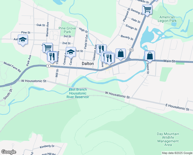 map of restaurants, bars, coffee shops, grocery stores, and more near 574 Main Street in Dalton