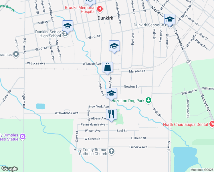 map of restaurants, bars, coffee shops, grocery stores, and more near 825 Central Avenue in Dunkirk