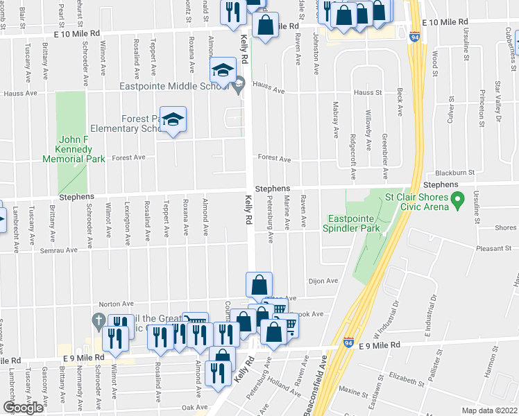 map of restaurants, bars, coffee shops, grocery stores, and more near 23815 Petersburg Avenue in Eastpointe