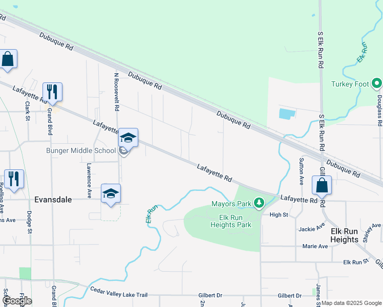 map of restaurants, bars, coffee shops, grocery stores, and more near 124 Earl Street in Evansdale