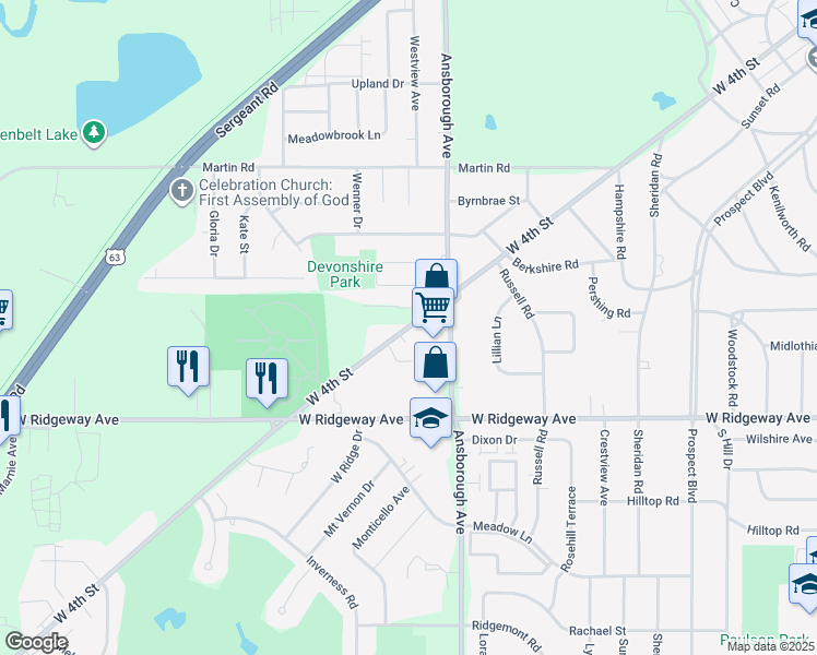 map of restaurants, bars, coffee shops, grocery stores, and more near 1118 Patrick Court in Waterloo