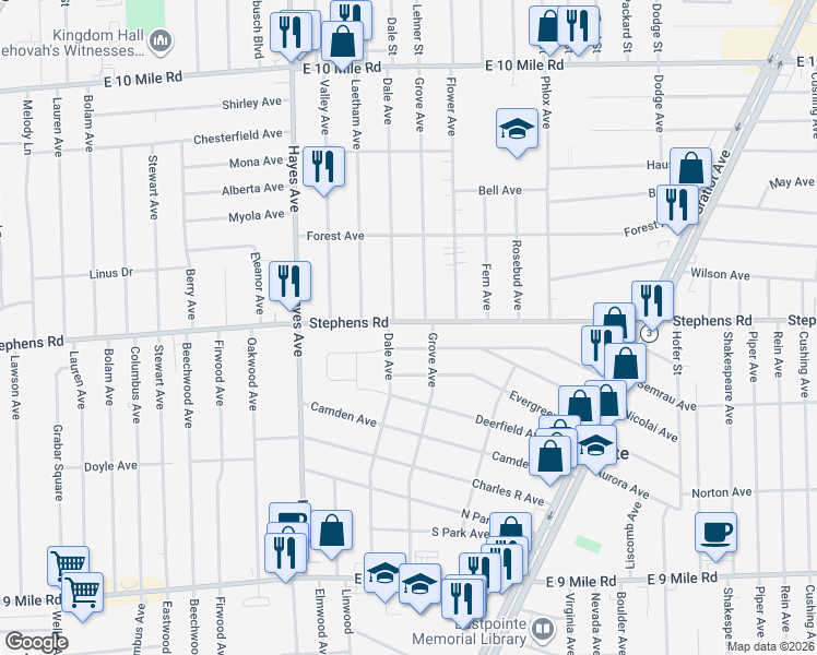 map of restaurants, bars, coffee shops, grocery stores, and more near 15381 Stephens Drive in Eastpointe