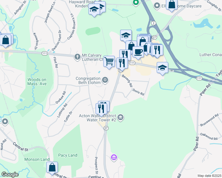map of restaurants, bars, coffee shops, grocery stores, and more near 246 Main Street in Acton