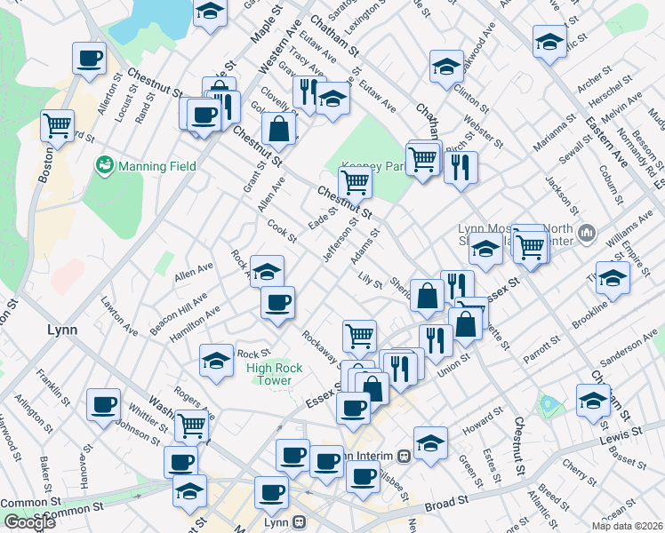 map of restaurants, bars, coffee shops, grocery stores, and more near 53 Jefferson Street in Lynn