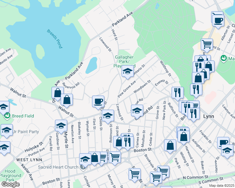 map of restaurants, bars, coffee shops, grocery stores, and more near 90 Linwood Street in Lynn