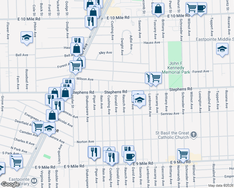 map of restaurants, bars, coffee shops, grocery stores, and more near 17111 Stephens in Eastpointe