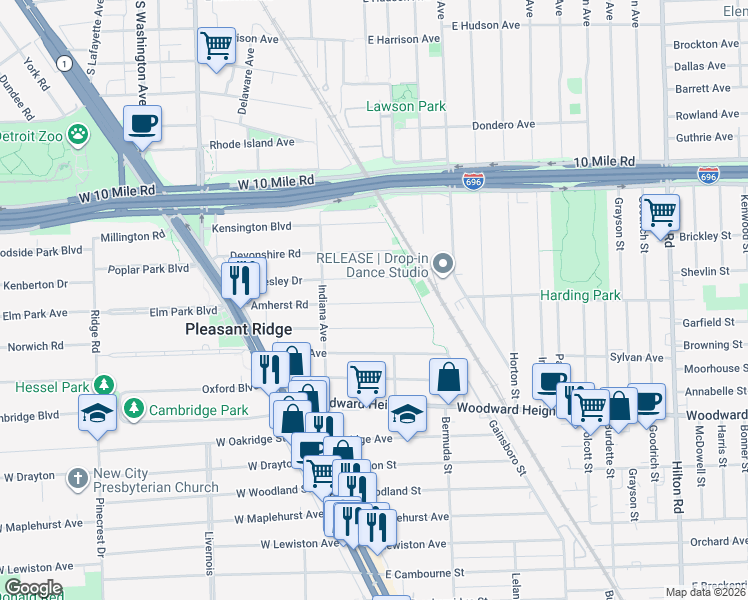 map of restaurants, bars, coffee shops, grocery stores, and more near 76 Wellesley Drive in Pleasant Ridge