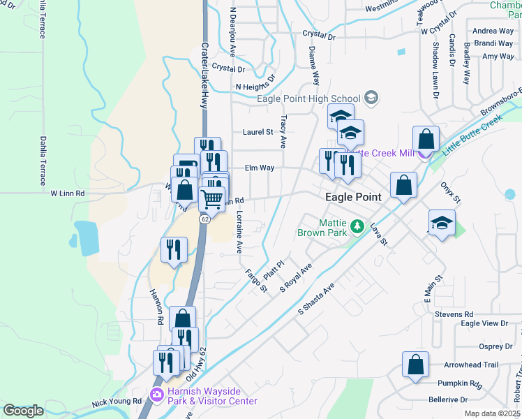 map of restaurants, bars, coffee shops, grocery stores, and more near 497 East Linn Road in Eagle Point